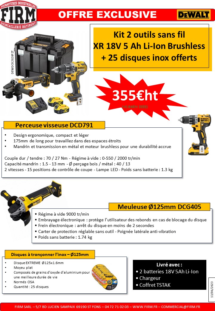 Kit 2 outils Dewalt sans fil DCK2020P2T